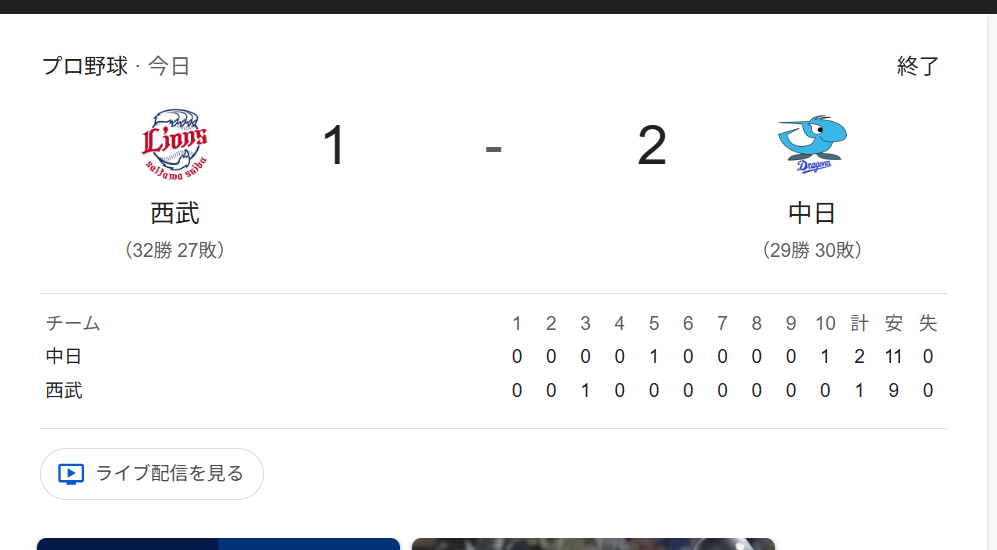仲田選手初ヒットおめでとうございます！相手の粘りに負けましたね・・・埼玉西武ライオンズVS中日ドラゴンズ
